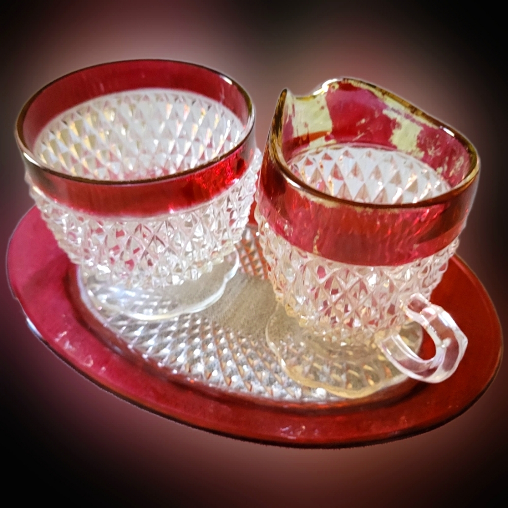 🎄Vintage red ruby Diamond cut Indiana glass dish and with cream and sugar bowl
